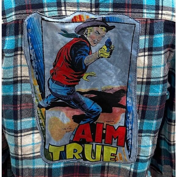 Retro Cowboy Plaid Flannel Shirt MEDIUM Cowgirl Unique Western Oversized Upcycle - Picture 2 of 6